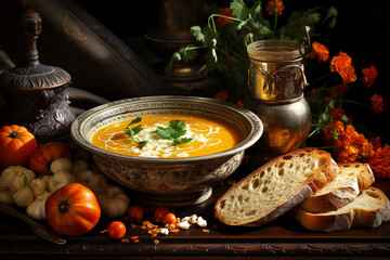 Pumpkin soup in the style of Flemish painting. AI generativ.