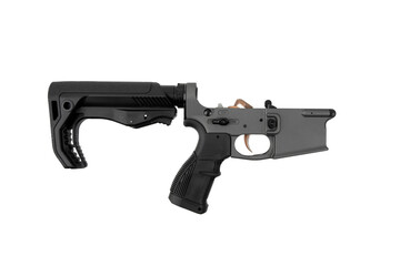 Lower receiver and buffer spring. Bottom half of a modern assault rifle. Isolate on white back