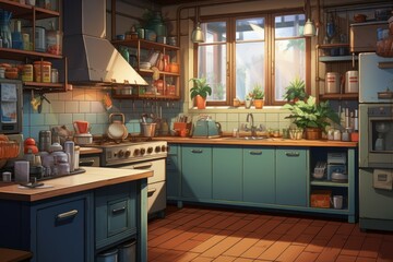 Kitchen light anime visual novel game. Generate Ai - obrazy, fototapety, plakaty