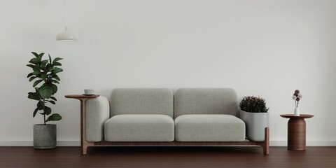 living room interior, beige sofa, lamp, plant. modern living room interior background, beige sofa. 3d rendering illustration