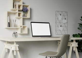 Minimalist workspace with a laptop mockup on a table in a minimal office. 3d render illustration