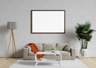 Blank picture frame mockup on white wall. Modern living room design. View of modern Scandinavian style interior with sofa. 3d render illustration