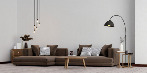 Modern living room .3d rendering image. There are wooden floor decorate wall .with brown fabric furniture.