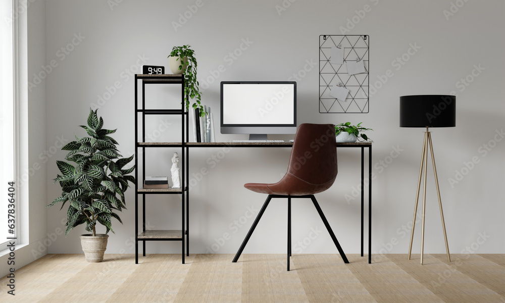 Poster pc mockup of blank white screen in contemporary workspace with computer, tablet and phone on black d