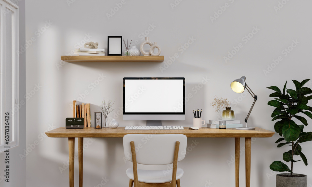 Poster workplace, computer with blank empty white screen display monitor on desk. mock up, copy space. home