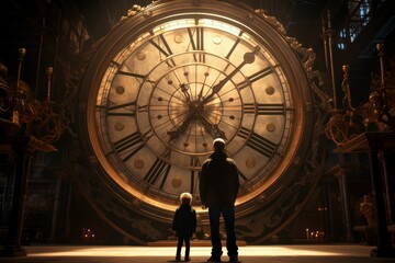 Man and boy stand in front of big clock. Generate Ai