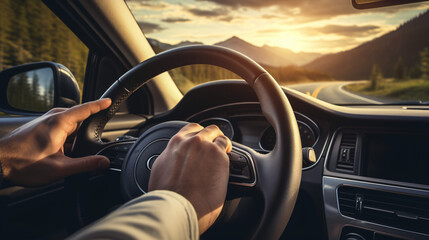 Hands of car driver on steering wheel road