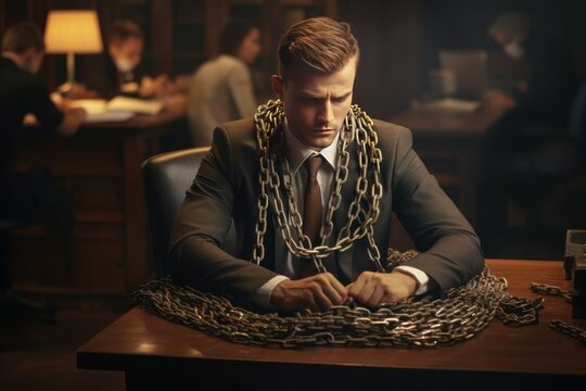 Office man chains by work. Generate Ai