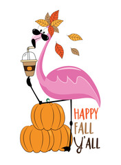 Happy Fall Y'all - funny flamingo with pumpkin spice latte, and with pupmkins and autumnal leaves.
Hand drawn vector design. Good for T shirt print, card, label, and other decoration.