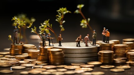 Many Business miniature figure standing on coins stacking for different income and salary in each position.
