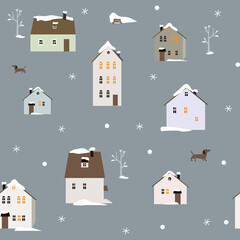Vector seamless pattern with winter houses in the snow