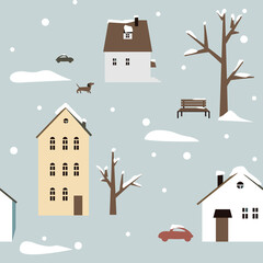Vector seamless pattern with winter houses in the snow - 637837263
