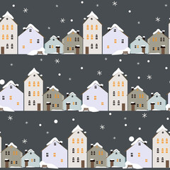 Vector seamless pattern with winter houses in the snow - 637837269