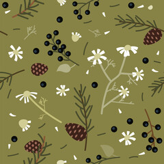 Vector seamless pattern with branches of bird cherry and daisies, and pine cones - 637837273