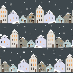 Vector seamless pattern with winter houses in the snow - 637837274