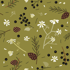 Vector seamless pattern with branches of bird cherry and daisies, and pine cones - 637837279