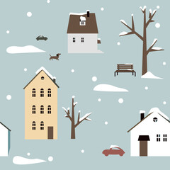 Vector seamless pattern with winter houses in the snow - 637837281