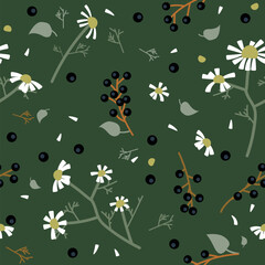Vector seamless pattern with branches of bird cherry and daisies - 637837287