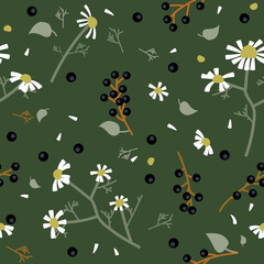 Vector seamless pattern with branches of bird cherry and daisies - 637837294