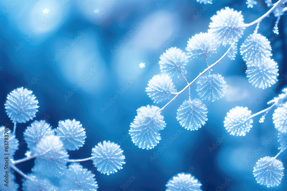 Poster beautiful winter background with tree branches covered with hoarfrost. created by ai.