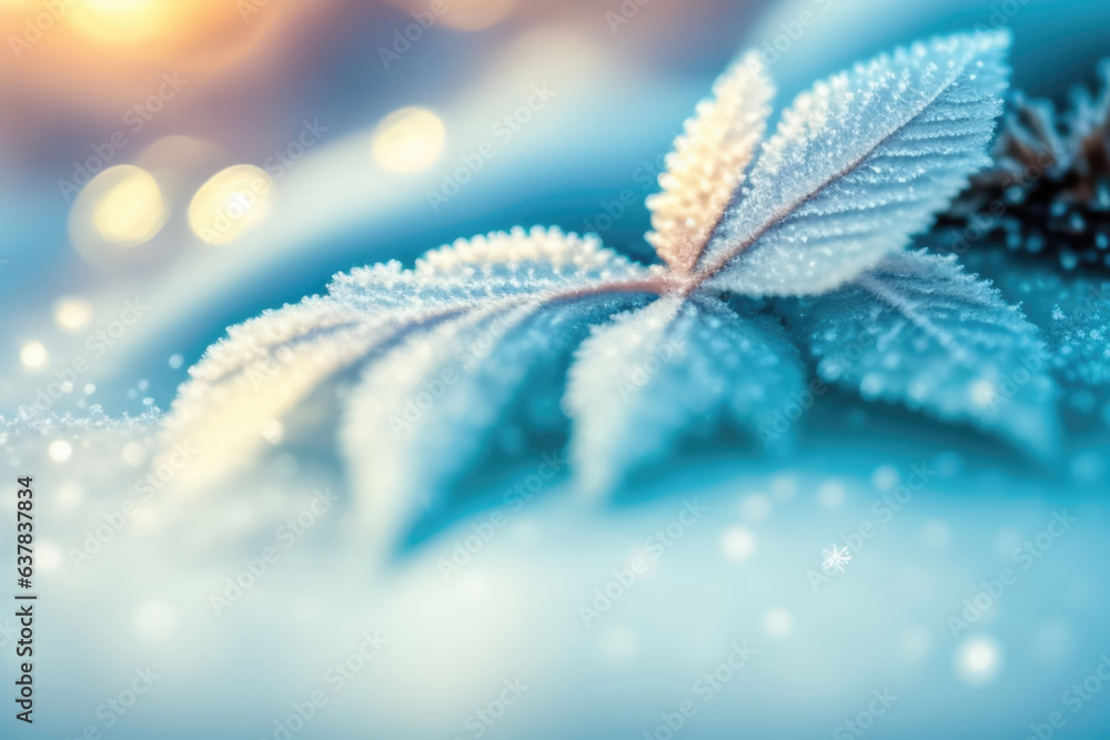 Poster beautiful winter background with a leaf covered with hoarfrost in nature in the snow. ai generated.
