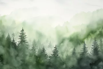 Poster Misty morning in the mountains, forest in fog, watercolor painting, background with clouds, duo color, Generative AI © ShaggyImages