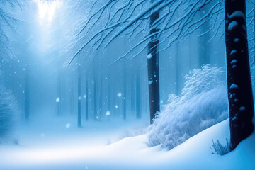 Beautiful winter Christmas snowy forest landscape with snowdrifts and trees in hoarfrost. Created by AI.