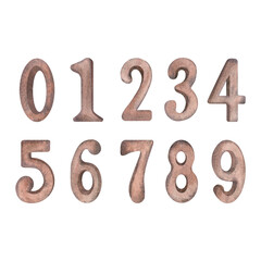 A set of numbers from zero to nine in chocolate color, highlighted on a white background.Watercolor illustration. Suitable for the design of postcards, prints. invitations, banners, patterns, wrapping