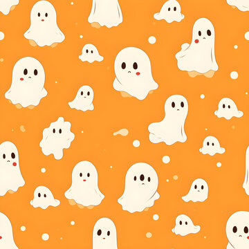 Seamless pattern a little ghost cartoon in orange background ,Generative AI tools