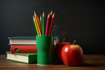 Books stacked and a red app on the top of that, colored pencils in a holder cup on a wooden table