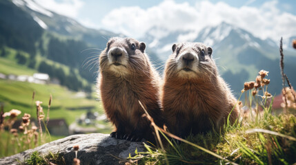 two cute brown marmots in the alps. - obrazy, fototapety, plakaty