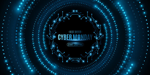 Cyber Monday Sale Banner. Digital circles of glowing blue dots with sci-fi circuit board frame. Business technology event. Vector illustration.