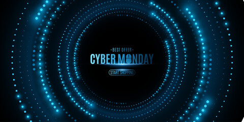 Cyber Monday Sale Banner. Digital circles of glowing blue dots. Business technology event. Vector illustration.