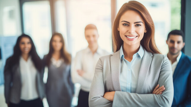 Radiant, appealing, self-assured female expert striking a confident stance within her corporate workplace, as her colleagues and staff members provide a backdrop.