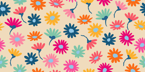 Hand drawn flowers, seamless patterns with floral for fabric, textiles, clothing, wrapping paper, cover, banner, interior decor, abstract backgrounds.