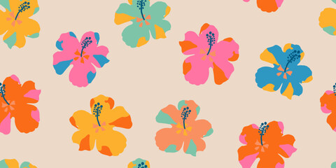 Tropical flower pattern seamless, silhouette of blooming, hand drawn botanical, Floral leaf for spring and Summer time, natural ornaments for textile, fabric, wallpaper, background design.