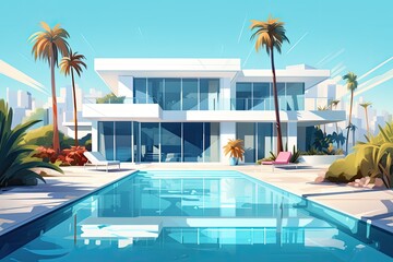 white villa with pool summer vacation illustration