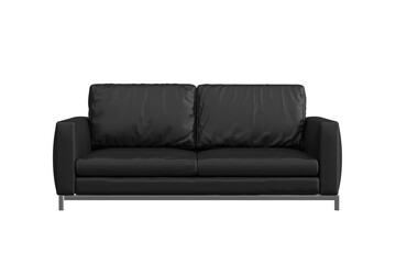 Modern vinyl or leather black sofa isolated on transparent background.