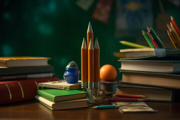 Books stacked and a red app on the top of that, colored pencils in a holder cup on a wooden table
