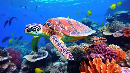 Fototapeten turtle with Colorful tropical fish and animal sea life in the coral reef, animals of the underwater sea world © khwanchai