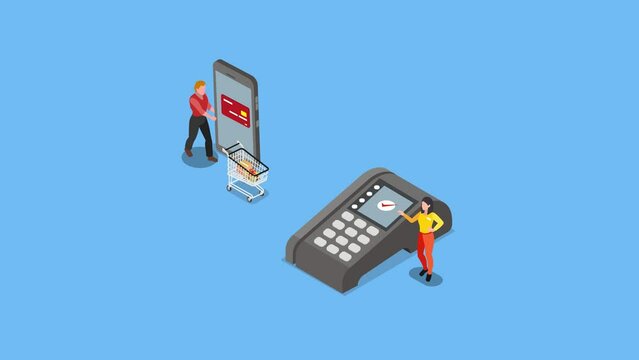 Shoppers and Electronic Data Capture machine cartoon animation in 4K UHD 3840x2160