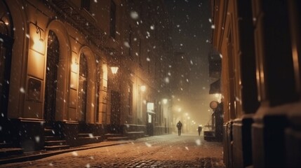 Fototapeta na wymiar Vintage street at night in winter, lights, snowflakes. Generative AI.