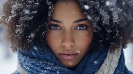Beautiful african american woman with afro hairstyle in winter, cold winter snow photoshoot - Powered by Adobe