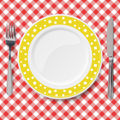 Yellow vector dish with pattern of chaotic white pattern placed on red check classic table cloth - 637840482