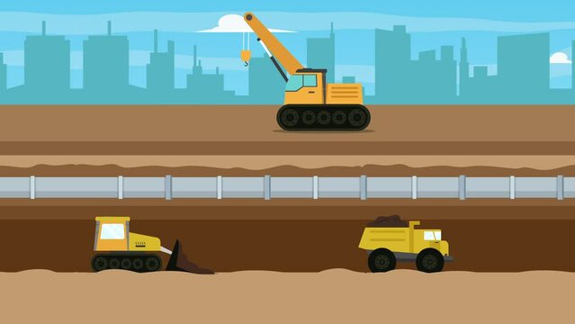 soil compactor machinery, truck, wheel excavator, hammer excavator and operators working in a city under construction
