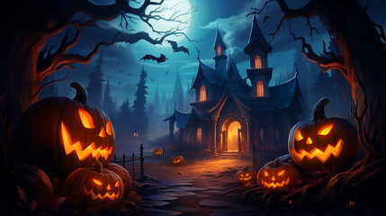 Fototapeta na wymiar Spooky Halloween, Jack-o'-Lanterns, Haunted House, and Bats at Night