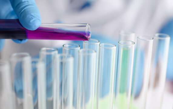 A male chemist holds test tube of glass in his hand overflows a liquid solution of potassium permanganate conducts. Analysis reaction takes various versions of reagents using chemical manufacturing.