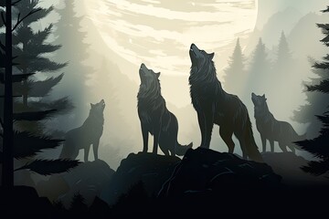 wolf pack stand howl to full moon night lansdscape illustration
