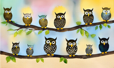 A dozen realistic Chibi night owls standing in next to each other, each owl has feathers with a specific color of the pattern, AI generated
