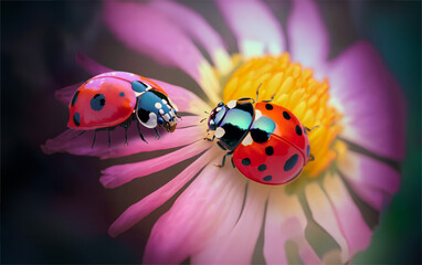 Beautiful couple ladybug on petals and pollen of pink flower, AI generated
